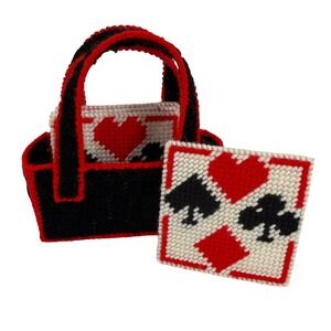 Handmade Needlepoint Playing Card Coaster Set with Tote Caddy Red Black White